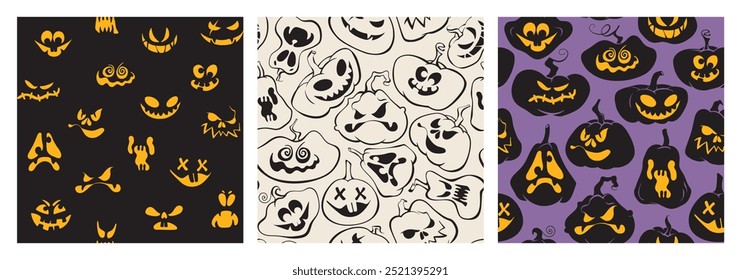 Halloween gespenstische Kürbis Gesicht nahtlose Muster Set. Jack O Lantern glühende Gesichter und Umriss Kürbis Hintergründe. Vektorfröhliche Halloween-Kulisse zum Verpacken von Papier, Karte, Banner, Textil, Dekoration.