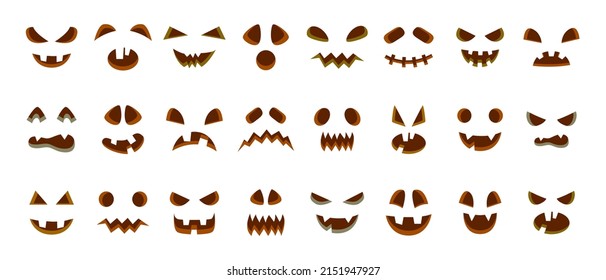 Halloween spooky pumpkin faces collection, ghost eyes and mouths, evil face. Scary pumpkin characters muzzle vector symbols illustrations set. Horror halloween jack-o-lantern faces