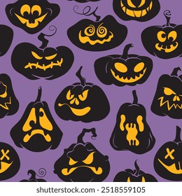 Halloween spooky pumpkin faces seamless pattern. Jack O Lantern pumpkin carved faces glowing on purple background. Vector happy Halloween backdrop for wrapping paper, card, banner, textile, decoration