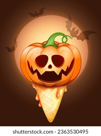 Halloween spooky pumpkin monster in ice cream cone with full moon and bats behind
