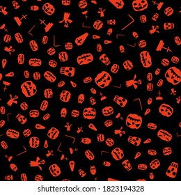 Halloween spooky pumpkins are a seamless background pattern. Halloween is a seamless background with pumpkins, ghosts, coffins, sovs. Especially for Halloween themed websites and greeting cards.