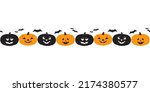 Halloween spooky pumpkins seamless pattern border. Cute scary pumpkin Boo face set cartoon design element illustration. Halloween holiday funny decorative frame for banner, flyer card print background