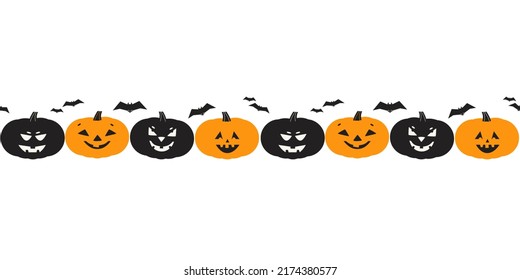 Halloween Spooky Pumpkins Seamless Pattern Border. Cute Scary Pumpkin Boo Face Set Cartoon Design Element Illustration. Halloween Holiday Funny Decorative Frame For Banner, Flyer Card Print Background