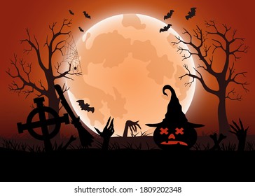 Halloween Spooky Red Vector Background. Banner with a grave, moon, zombie hands, trees, bats, bones, a witch's broom and a pumpkin in a hat. 