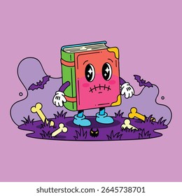 Dia das Bruxas assustador retro mascote estilo feitiço livro noite humor ilustração