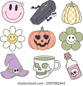 halloween spooky, retro style, skull, pumpkins, death, cute, sublimation