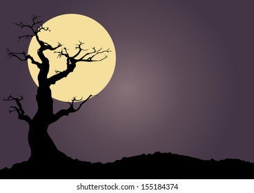 Halloween spooky scary background with full moon and gnarled tree