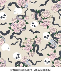 Halloween Spooky Seamless Pattern beige background