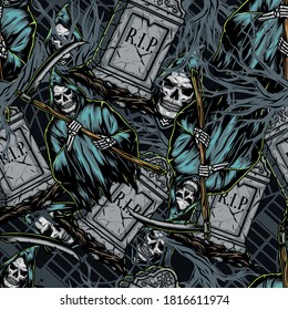 Halloween spooky seamless pattern in vintage style with grim reaper holding scythe and gray tombstones vector illustration