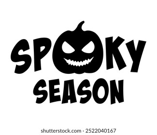 Texto de letras de Vector de temporada espeluznante de Halloween con una ilustración de silueta de calabaza de risa siniestra. Gráfico Anuncio monocromo. Para invitación de fiesta de Halloween, cartel, decoración, pegatina, manualidades de bricolaje.