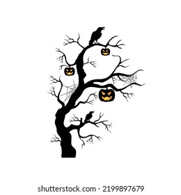 Halloween spooky silhouette tree vectort illustration.Monochrome evil curled plant with spider web, raven, pumpkin. Mythical woods with branches