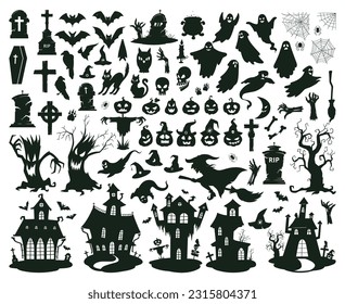 Halloween spooky silhouettes. Creepy pumpkins, ghosts, gravestones, zombie hands and bats flat vector illustration set. Horror halloween celebration silhouettes