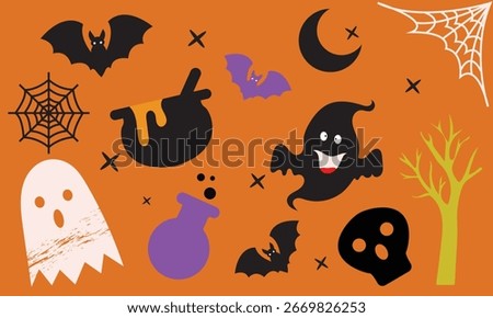 Halloween spooky silhouettes with ghosts and spiders. Orange Halloween background featuring ghosts, spiders, bats, potion bottle, moon, trees, and cobwebs in creepy festive style. EPS 10

