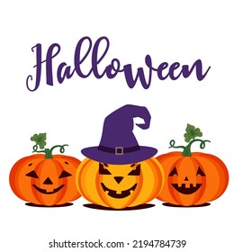 Halloween spooky smiling pumpkins cute vector icon. Horror Autumn holiday symbol isolated on white background. Scary pumpkin, witch hat cartoon design element illustration. Halloween party invitation
