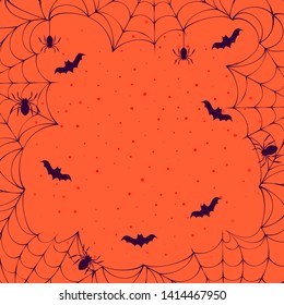 Halloween spooky spiderweb frame with bats and spiders in the night sky. Vector isolated horror border for october party flyer.