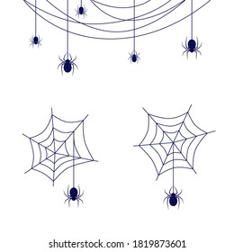 Halloween spooky spiderweb frame with spiders. Collection of Halloween decor and objects. Color vector illustration