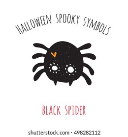 Halloween spooky symbols: black spider. Beautiful vector decorative designs. Cute minimalistic art elements on white backdrop.