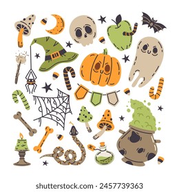 Halloween spooky symbols. October holidays traditional elements, ghost, pumpkin, skull and witch poison cauldron flat vector illustration set. Hand drawn scary autumn collection