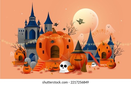 halloween spooky town with haunted castle and pumpkin house illustration, vector