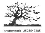 Halloween spooky tree and bats silhouette watercolor isolated on white background. Halloween scene background vector illustration