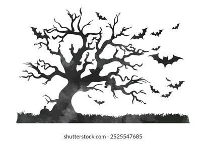 Acuarela espeluznante de la silueta del árbol y de los murciélagos de Halloween aislada sobre fondo blanco. Ilustración vectorial de fondo de escena de Halloween