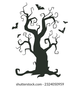Halloween spooky tree. Cartoon horror tree and bats silhouette flat vector illustration. Creepy halloween tree
