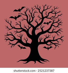 Halloween spooky tree. Cartoon horror tree and bats silhouette flat vector illustration. Creepy halloween