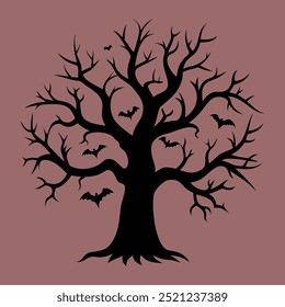 Halloween spooky tree. Cartoon horror tree and bats silhouette flat vector illustration. Creepy halloween