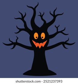 Halloween spooky tree. Cartoon horror tree and bats silhouette flat vector illustration. Creepy halloween