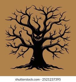 Halloween spooky tree. Cartoon horror tree and bats silhouette flat vector illustration. Creepy halloween