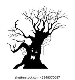 Halloween spooky tree with scary carved face black silhouette vector illustration isolated on white.