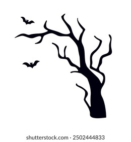 Halloween spooky tree silhouette flying bats, spooky tree. Vector Halloween Isolated on white background. Holiday, party poster