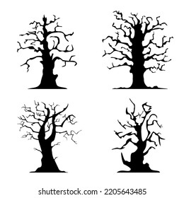 Halloween Spooky Tree Silhouette On White Background. Vector Illustration Flat Design For Decoration.