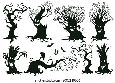 Halloween spooky trees. Cartoon hooked trees, scary halloween trees with muzzles vector illustration set. Creepy halloween trees