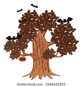 Halloween spooky trees with flying bat autumn leaves, pumpkins, and creepy branches. Perfect for seasonal decorations, invitations, and festive designs.