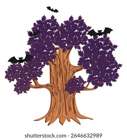 Halloween spooky trees with flying bats