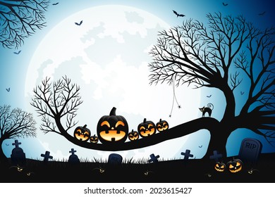 Halloween spooky trees and smiling pumpkin faces with moonlight on blue background.