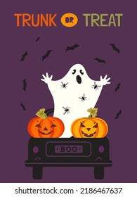 Halloween Spooky Trunk or Treat Cute vector poster. Holiday truck with ghost, pumpkins, spider, bats scary characters cartoon design element illustration. Happy Halloween holiday fun event background