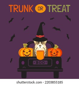 Halloween Spooky Trunk or Treat Cute vector poster. Halloween truck with dog in witch hat, candy bucket, pumpkin, bat scary characters cartoon design element illustration. Holiday night fun background