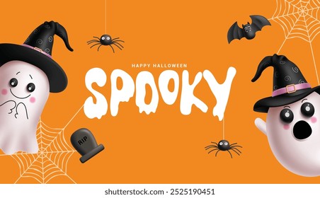 Halloween spooky vector design. Happy Halloween greeting text with cute ghost and witch characters in orange background. Vector illustration trick or treat party card design.  
