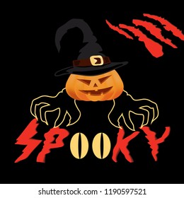 Halloween spooky vector poster, banner or flyer halloween template, spooky pumpkin and monster's paw with claws