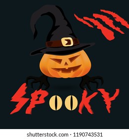 Halloween spooky vector poster, banner or flyer halloween template, spooky pumpkin and objects.