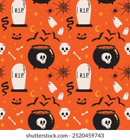 Halloween spooky vector seamless pattern design with witch cauldron, bats, ghost, skull, autumn illustration in flat cartoon retro groovy funky style, decoration, wrapping paper, orange background