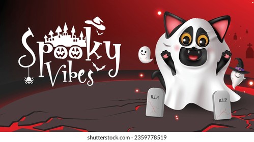 Halloween spooky vibes text vector design. Halloween spooky vibes with kitten cat ghost character in graveyard cemetery background. Vector illustration party invitation card.
