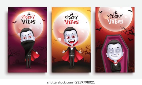 Halloween spooky vibes text vector set design. Halloween dracula man character collection in night full moon graveyard cemetery for party postcard. Vector illustration spooky vibes poster collection.
