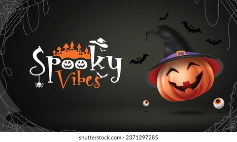 Halloween spooky vibes text vector design. Halloween greeting card with pumpkin character elements in black space for typography. Vector illustration invitation card background.
