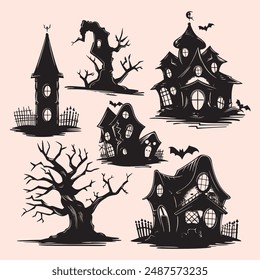 Halloween Spooky witch house vector, illustration, Silhouette