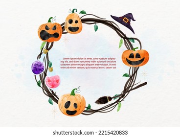 Halloween spooky wreath brunch with object of witch in watercolors style. example texts on watercolors background. Halloween greeting card in vector and watercolors style