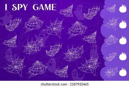 Halloween I spy game of cartoon spiderweb and cobweb, ghost and pumpkin silhouettes. Vector puzzle or brain riddle worksheet with scary spider webs and nets, Halloween horror quiz of kids education