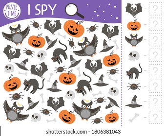 Halloween I spy game for kids. Searching and counting activity for preschool children with traditional scary objects. Funny autumn printable worksheet for kids. Simple spotting puzzle.
